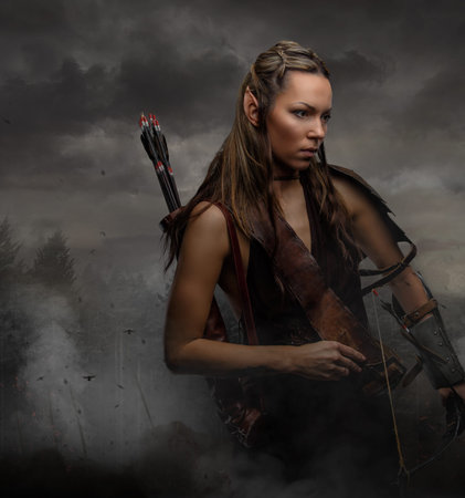 Portrait of elf woman with bowl over wildness nature background.の写真素材