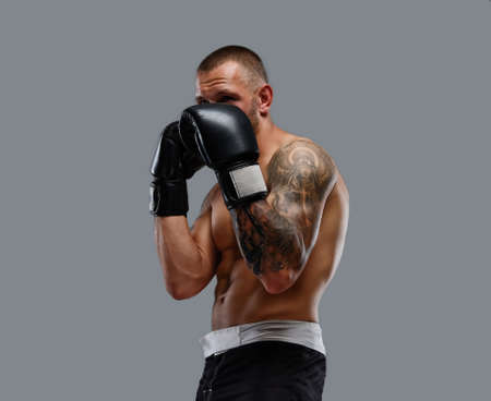 Agressive tattooed fighter isolated on a grey background.