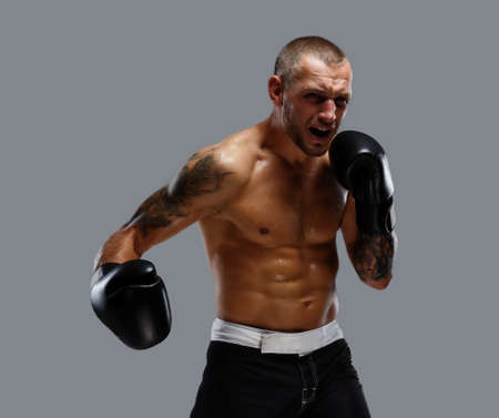 Agressive tattooed fighter isolated on a grey background.