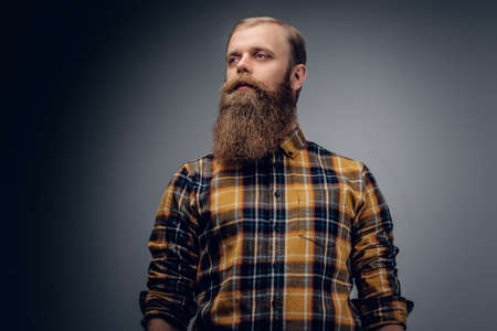 Portrait of bearded redhead male dressed in a yellow hipster shirtの写真素材