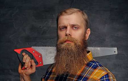 Studio portrait of bearded carpenter dressed in a plaid shirt holds handsaw on grey vignette...
