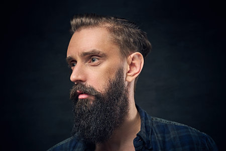 Close up portrait of bearded male with long hair over dark background.