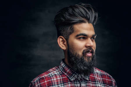 Attractive bearded Indian man in plaid fleece shirt over grey background.の写真素材