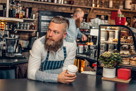 Portrait of redhead bearded barista male at bar stand in a coffee shop.の写真素材