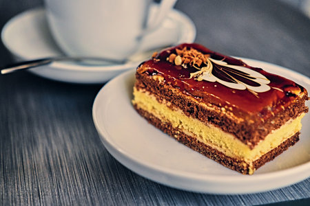 Delicious dessert cake and cup of coffee.