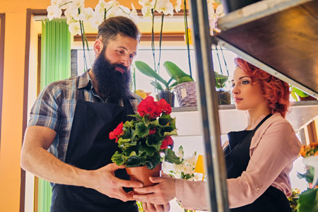 Redhead female and bearded tattooed male selling flowers in a market shop.の写真素材