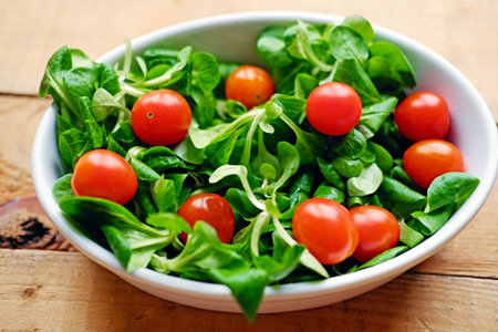 Cherry tomatoes and basil salad in a white cup on a wooden table.の写真素材