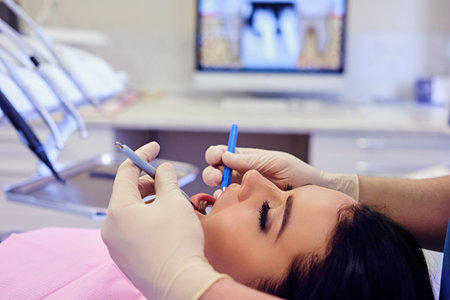 Dentist examining female's teeth in dentistry.