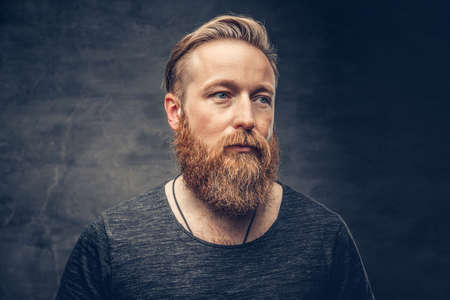 Close up portrait of blue eyed redhead full throttle bearded male over grey background.の写真素材