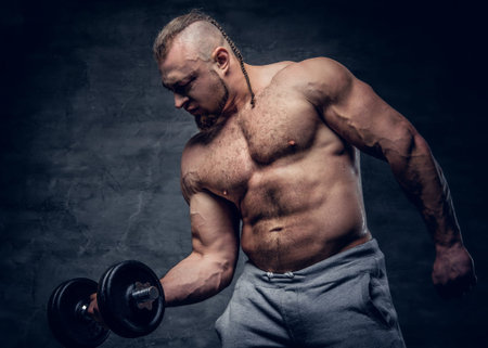 Studio portrait of shirtless bodybuilder holds dumbbells over grey background.の写真素材