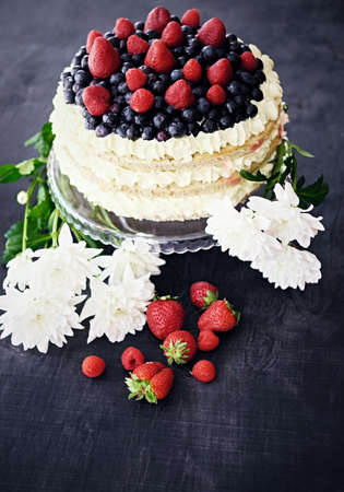 Cream cake with strawberry and blueberry.の写真素材