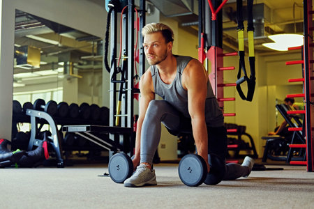 Portrait of a blond sporty male doing squats with dumbbells in a gym club.の写真素材