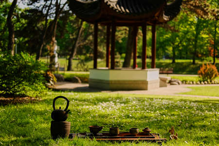 Chinese tea ceremony in a park.の写真素材