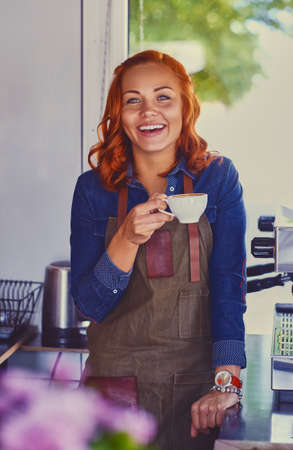 Portrait of redhead female barista in a small coffee shop.の写真素材