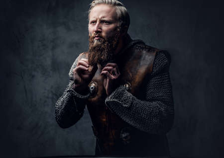 A man Viking dressed in Nordic armor.の写真素材