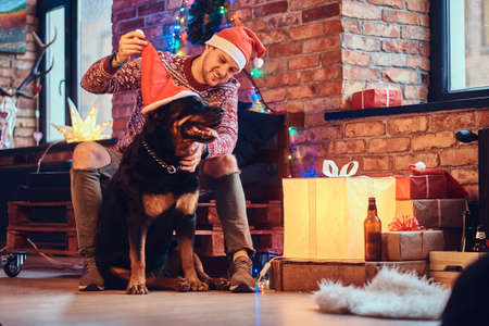 A man with a dog.の写真素材