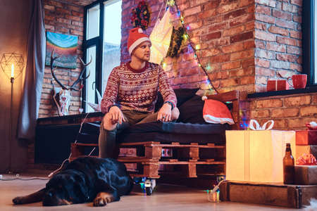 A man with a dog.の写真素材