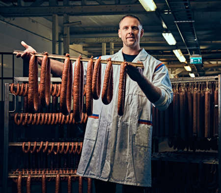 A man in sausage storage.の写真素材