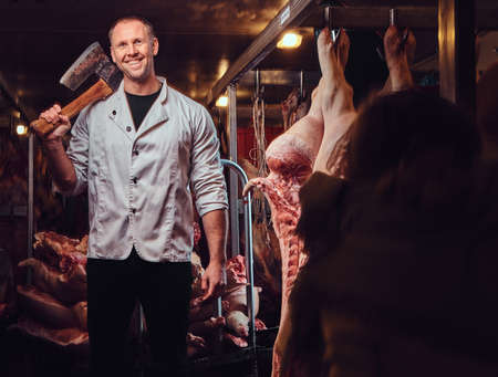 A butcher in a meat factory.の写真素材