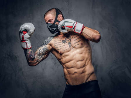 Fighter male over grey vignette background.の写真素材