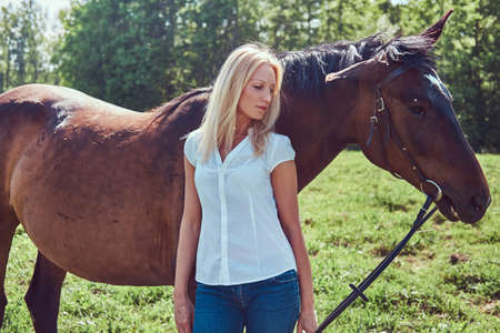 A charming woman standing with a brown horse.の写真素材