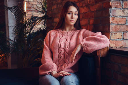 A beautiful charming brunette in a room with loft interior.の写真素材