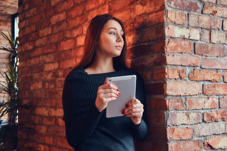 A beautiful charming brunette in a room with loft interior.の写真素材