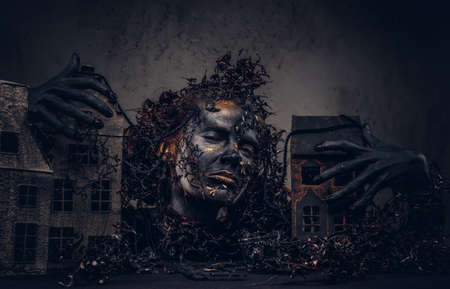 Make-up and horror concept. Abandoned city, absorbed by decomposの写真素材