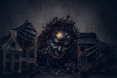 Make-up and horror concept. Abandoned city, absorbed by decomposの写真素材