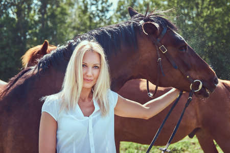 A charming woman standing with a brown horse.の写真素材
