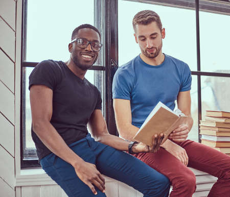 Two young multiracial students working with booksの写真素材