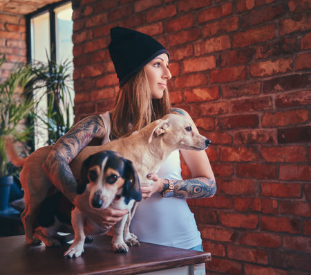 A stylish tattoed blonde female in t-shirt and jeans embraces two cute dogs.