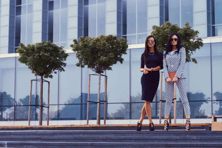 Portrait of two businesswomen dressed in a stylish formal clothes, standing on steps posing against a background of a skyscraper.の写真素材