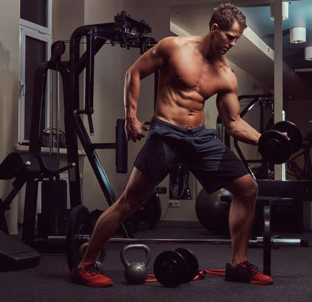 Muscular bodybuilder man doing exercises on a biceps with dumbbells in a gym.の写真素材