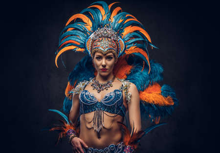 Studio portrait of a sexy female in a colorful sumptuous carnival feather suit. Isolated on a dark background.の写真素材