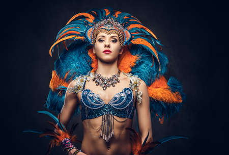 Studio portrait of a sexy female in a colorful sumptuous carnival feather suit. Isolated on a dark background.の写真素材