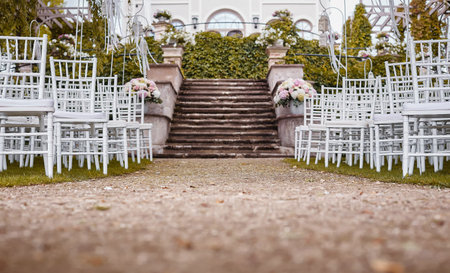Preparation for wedding ceremony outdoor near lake.