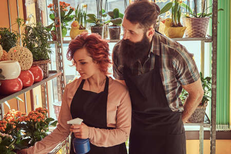 Two florists, beautiful redhead female and bearded male wearing uniforms working in flower shop.の写真素材