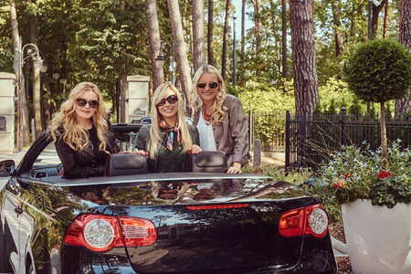 Joyful fashionable female friends raise their hands while sitting in luxury cabriolet car in the park.の写真素材