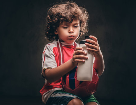 Little champion boy in sportswear holds a ball and drinking water from a bottle. Isolated on a dark...