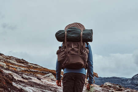 Tourist with his cute dog hiking in Norway mountains.の写真素材