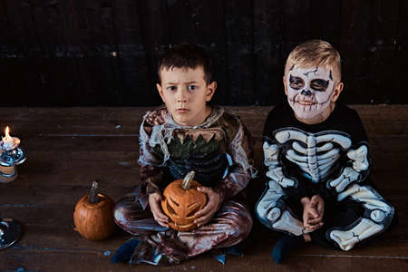 Portrait of two cool schoolboys in scary costumes during Halloween party in an old house.の写真素材