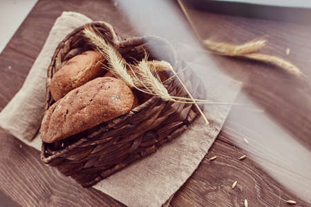 Hot freshly buns in a heart-shaped basket.の写真素材