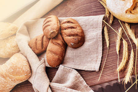 Close-up photo of freshly baked bread products.の写真素材