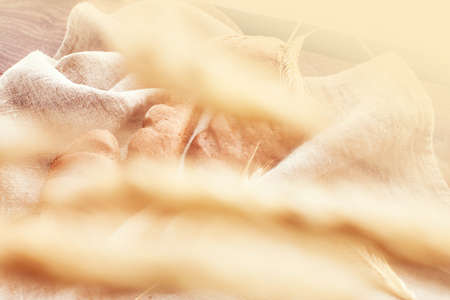 Freshly baked buns and spikelets of wheat lying on a linen cloth.の写真素材