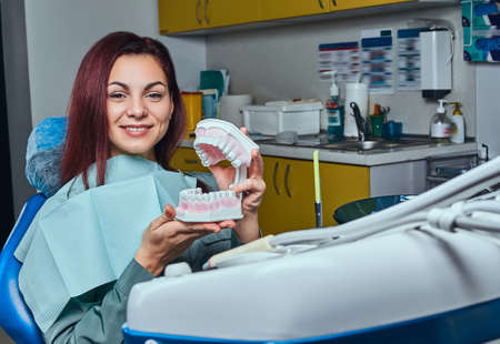 Young redhead woman sitting in a dentist chair and holding the denture in a dentist office.の写真素材