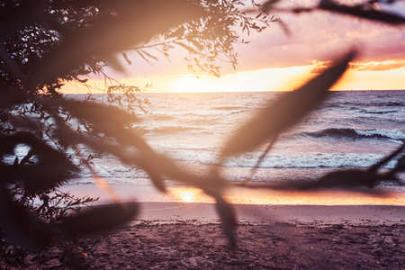 Ocean waves, amazing cloudy sky, beautiful sunset.