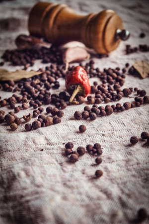 Close-up photo of the fruits of black pepper, red pepper and garlic on linen fabricの写真素材