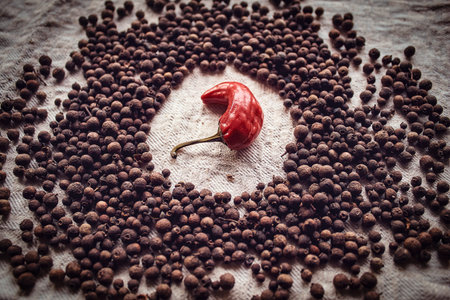 Close-up photo of hot red pepper surrounded by black pepper on linen fabric. Spicy concept.