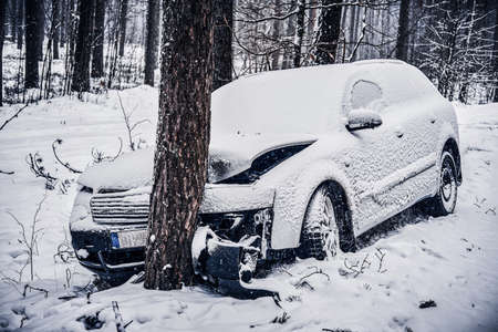 Front view of the car got into a skid and crashed into a tree on a snowy road.